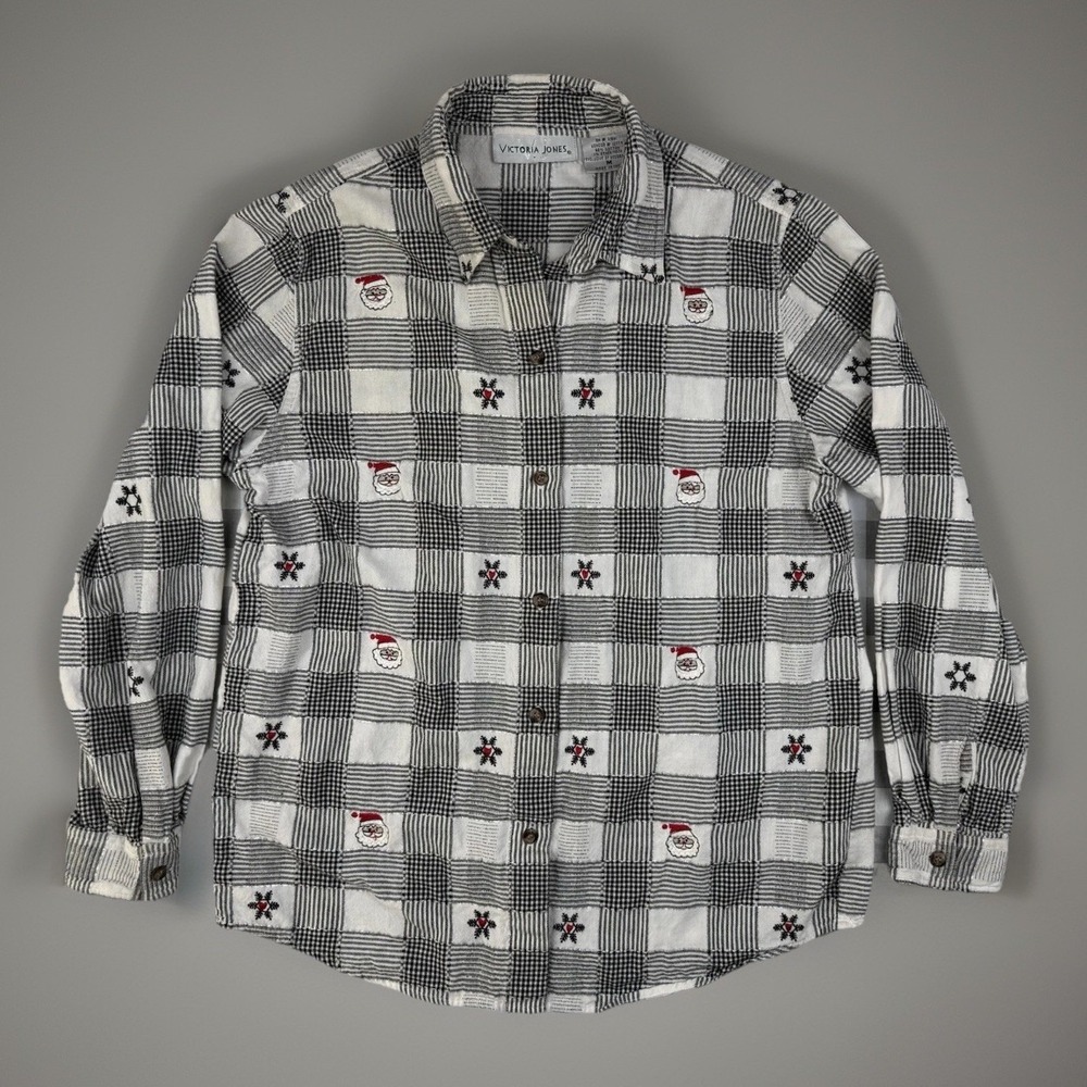 Victoria Jones Christmas Plaid Santa Snowflake Button Up Shirt M